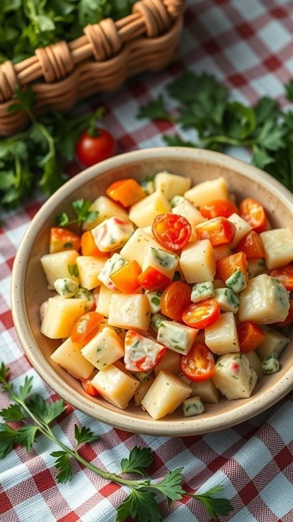 A bowl of potato salad with cherry tomatoes and herbs on a checkered tablecloth.