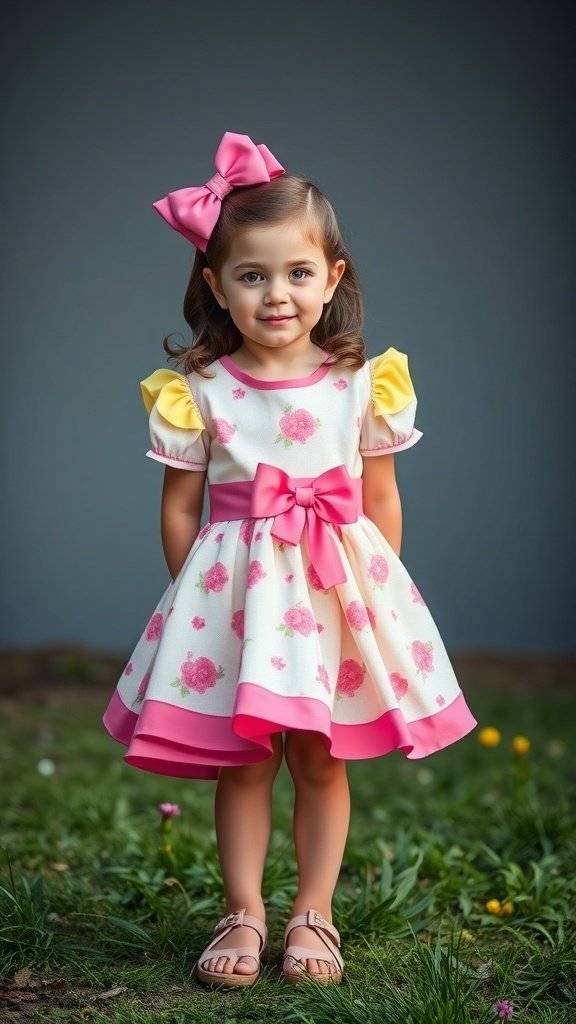 A young girl wearing a bright Easter dress with a pink bow and floral patterns.