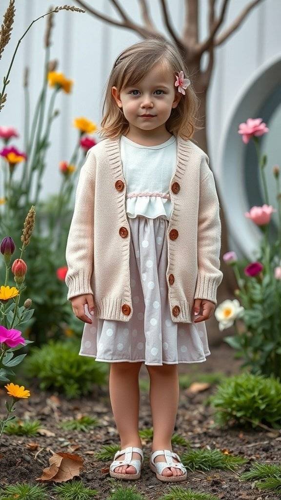A young child wearing a polka dot dress and a cardigan, standing among colorful flowers.