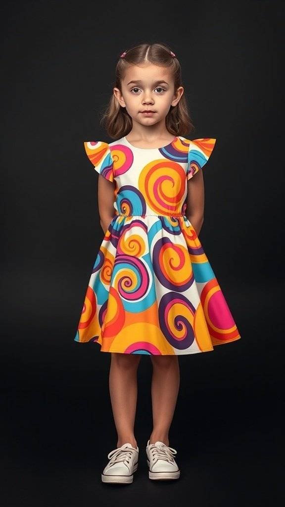 A young girl wearing a colorful psychedelic dress with swirls, standing against a dark background.