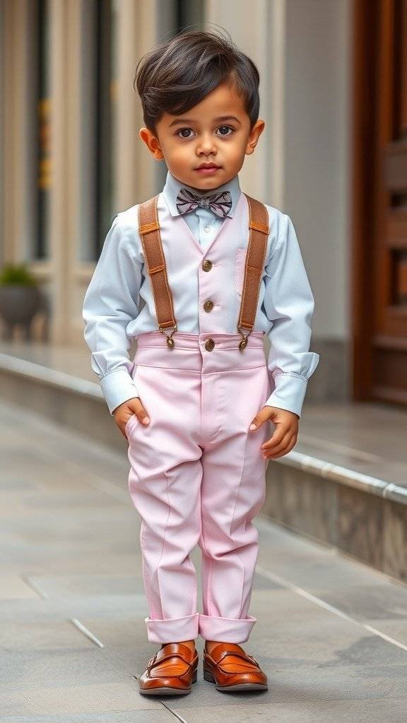 A little boy wearing a retro-inspired Easter suit with a light blue shirt, pink trousers, and brown suspenders.