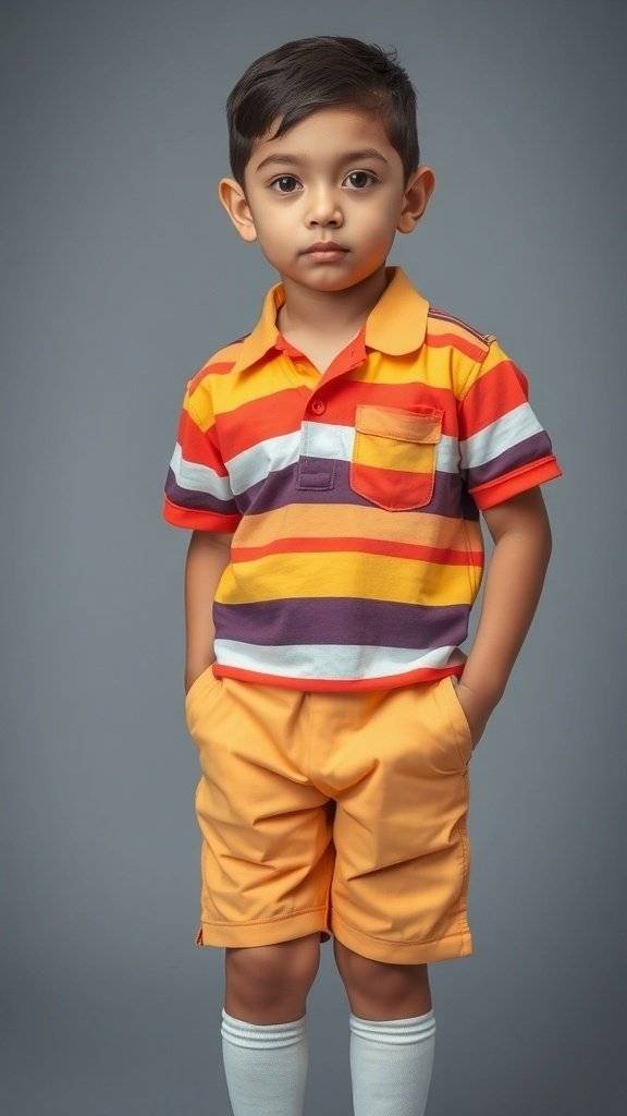 A young girl wearing a colorful striped shirt, shorts, and knee-high socks, smiling in a casual setting.