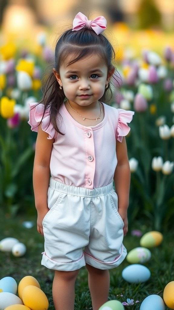 A young child wearing a pink vintage romper with ruffled sleeves, standing in a field of tulips and Easter eggs.
