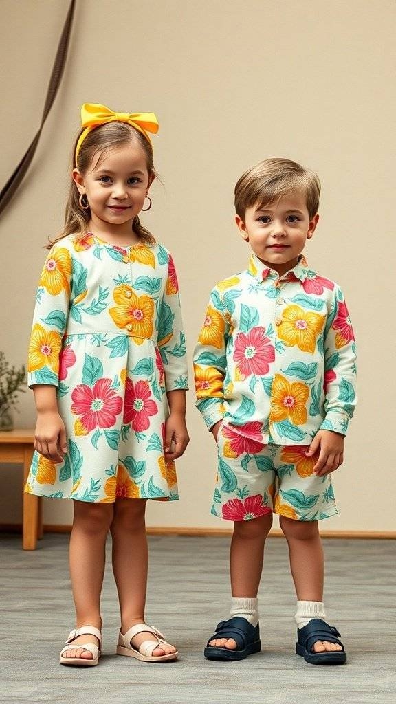 A brother and sister wearing matching floral outfits for Easter, with the girl in a dress and the boy in a shirt and shorts.