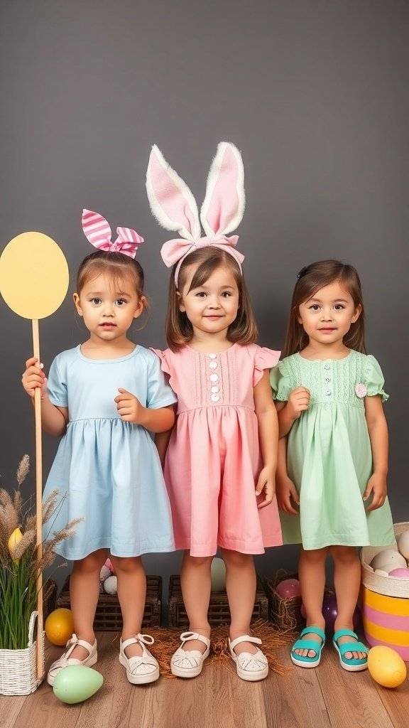 Children in colorful Easter dresses with bunny ears and props, celebrating Easter.