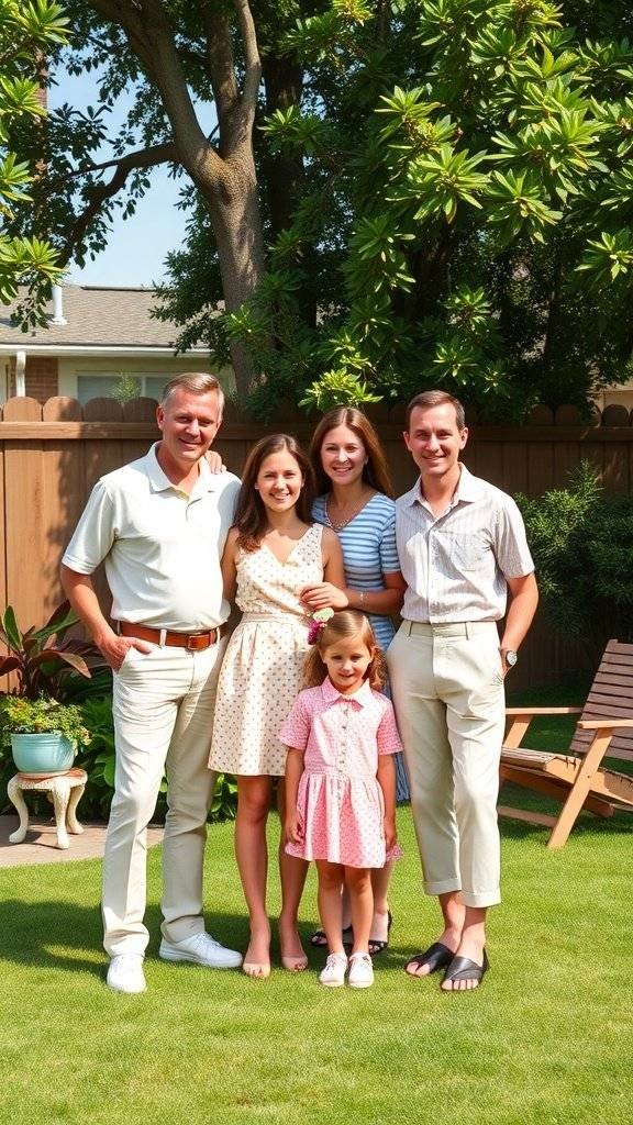 A family portrait in a sunny yard, featuring members dressed in colorful 1960s-inspired Easter dresses.