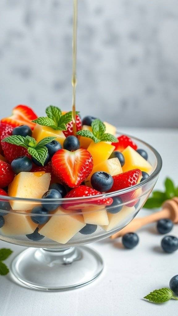 A colorful fruit salad with strawberries, blueberries, and mango topped with mint leaves and honey drizzle.