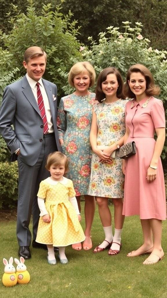 A group of stylish individuals in 1960s inspired outfits, perfect for a garden party Easter celebration.