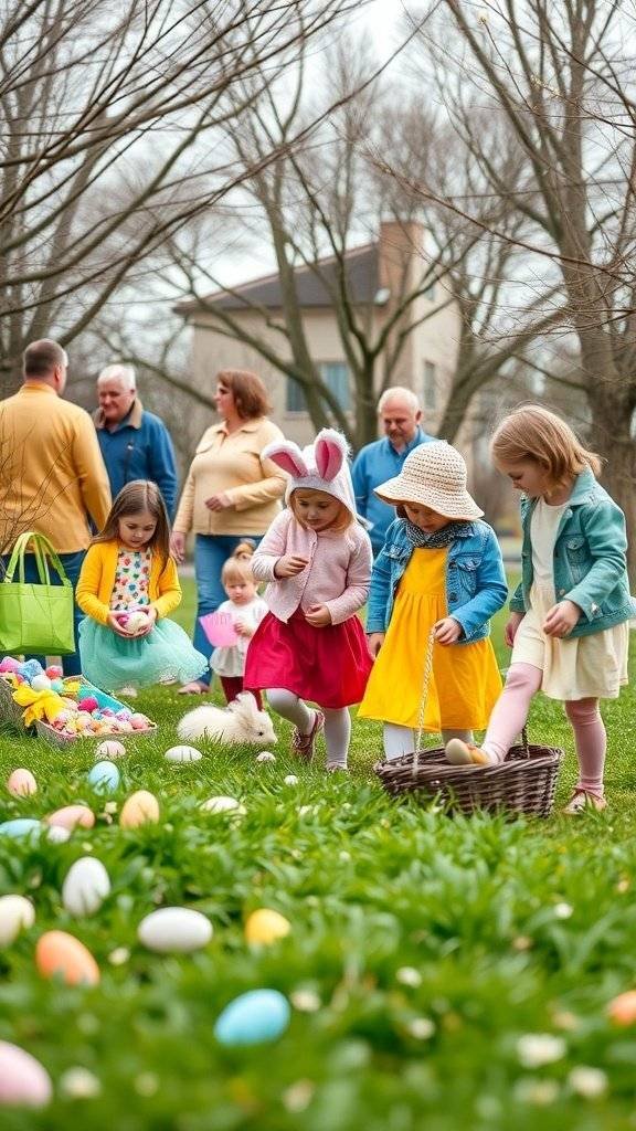 Children in colorful Easter dresses participating in an egg hunt in a grassy area.