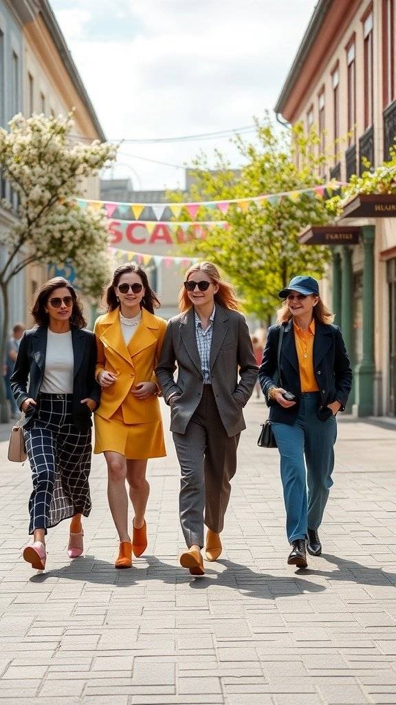 Four women walking together in vintage-inspired Easter outfits, showcasing bright colors and retro styles.