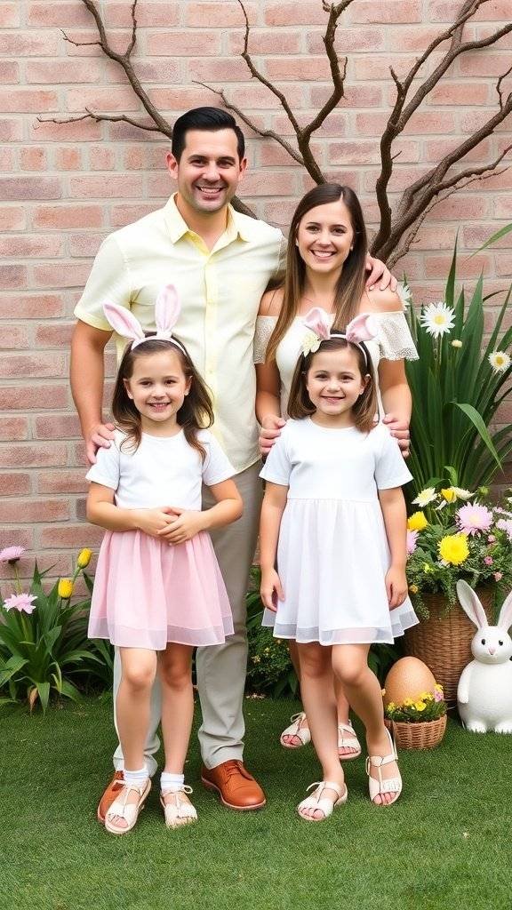 A family dressed in pastel outfits for Easter, featuring a father, mother, and three daughters, with one wearing bunny ears.