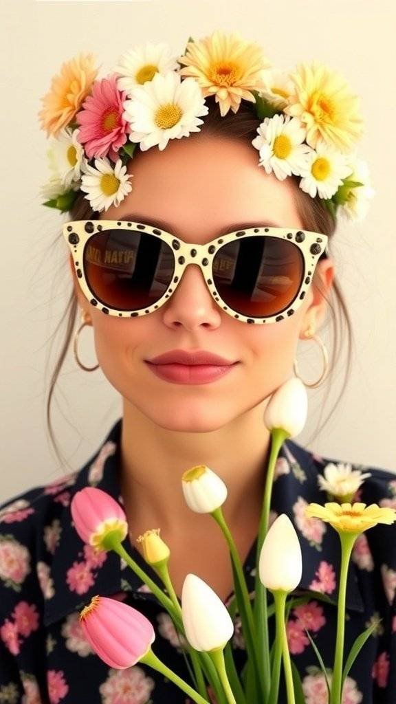 A woman wearing oversized orange sunglasses and a floral crown, surrounded by tulips.