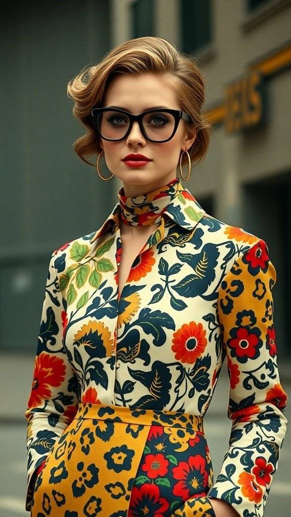 A woman wearing a colorful 1960s inspired Easter dress with mixed patterns, oversized glasses, and hoop earrings.
