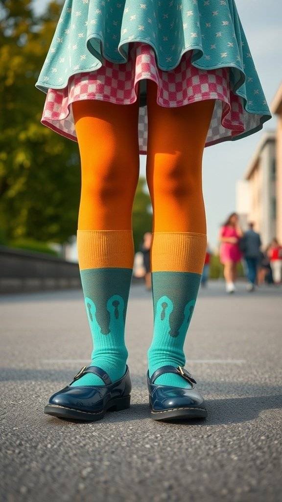 Colorful tights and shoes paired with a retro-style dress