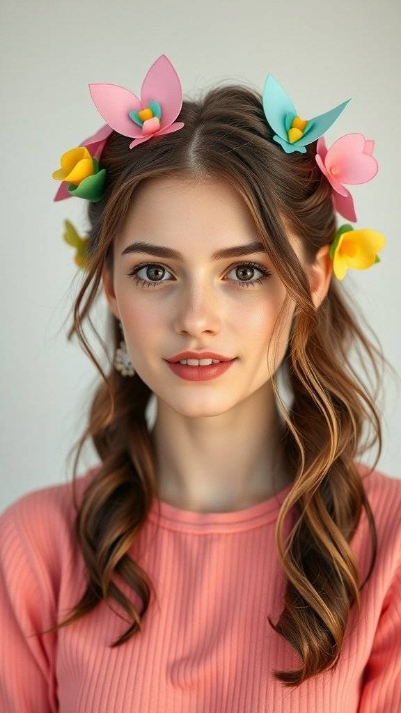 A young woman with colorful flower-shaped bows in her hair, wearing a pink top.