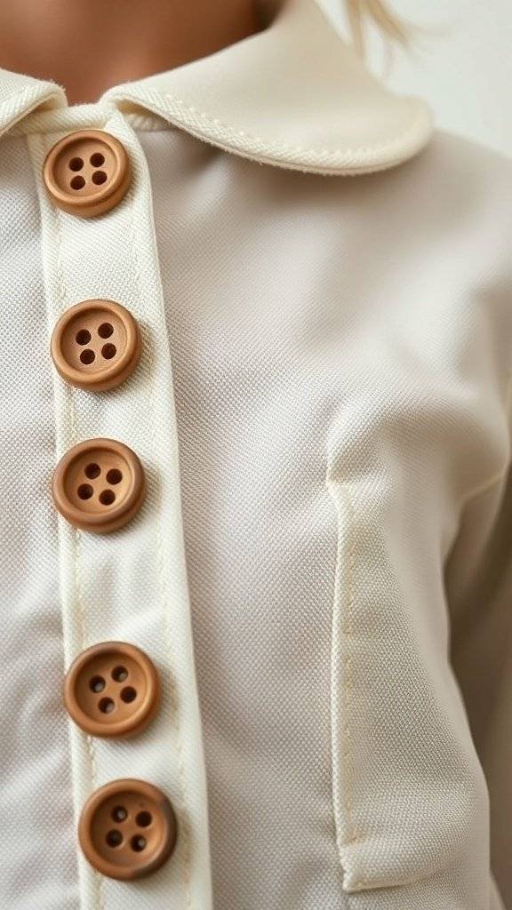 Close-up of a white dress featuring mod buttons and a rounded collar, showcasing a retro style.
