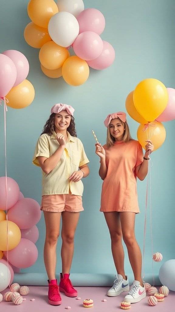 Two friends in bright outfits with balloons and treats for a candy-coloured Easter party.