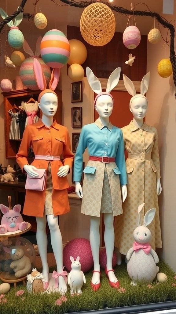 Vintage Easter window display featuring mannequins in 1960s inspired outfits.