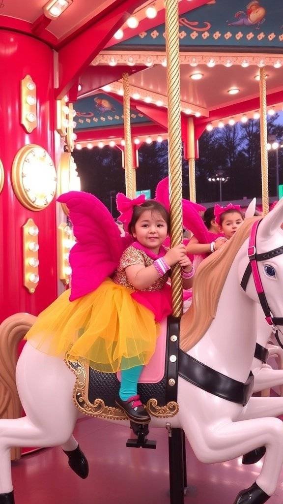 A young girl in a bright red Easter dress riding a carousel, embodying spring fashion.