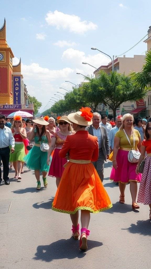 A vibrant Easter parade scene featuring people in colorful dresses inspired by the 1960s.