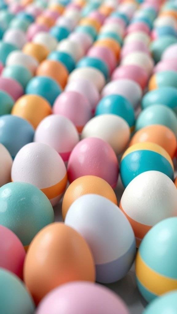 A colorful arrangement of pastel Easter eggs in various shades of pink, blue, and orange.