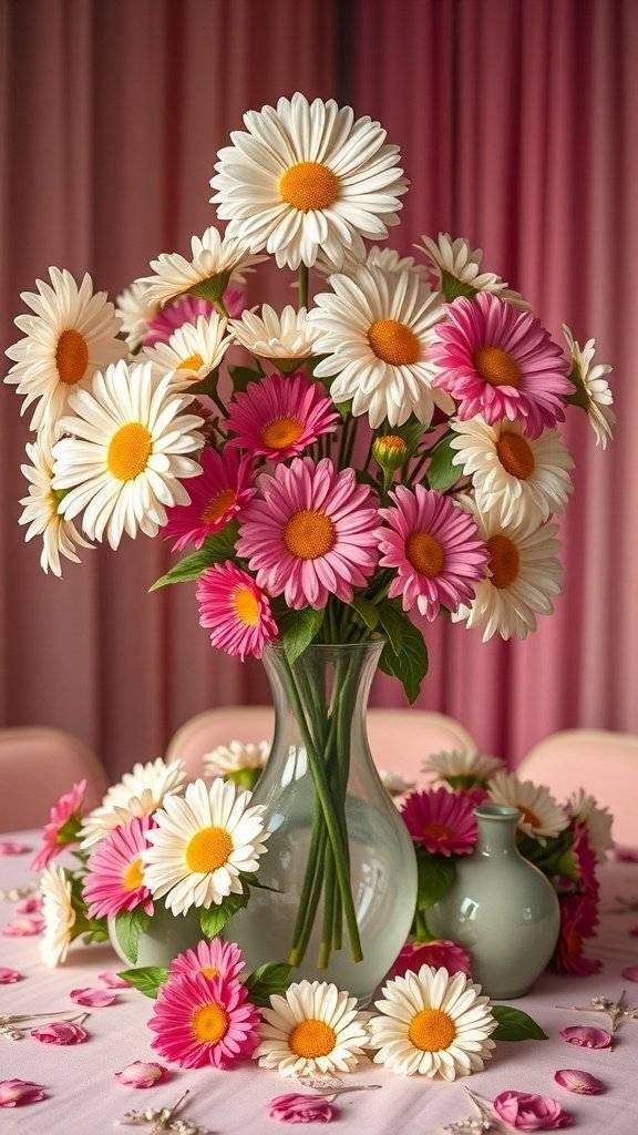 A floral centerpiece with pink and white daisies in a vase, surrounded by petals on a table.