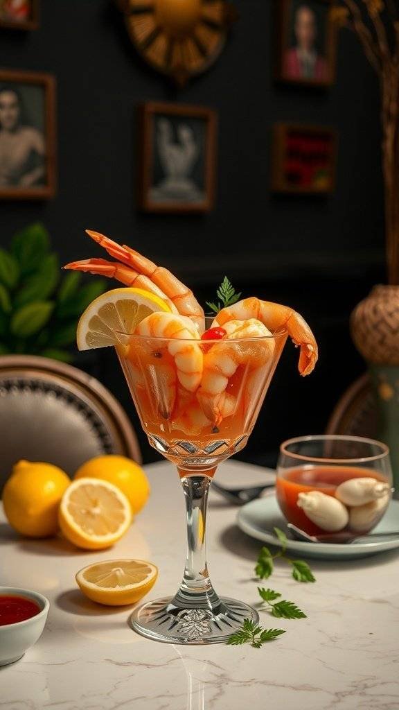 A shrimp cocktail served in a glass with lemon slices and cocktail sauce on a marble table.