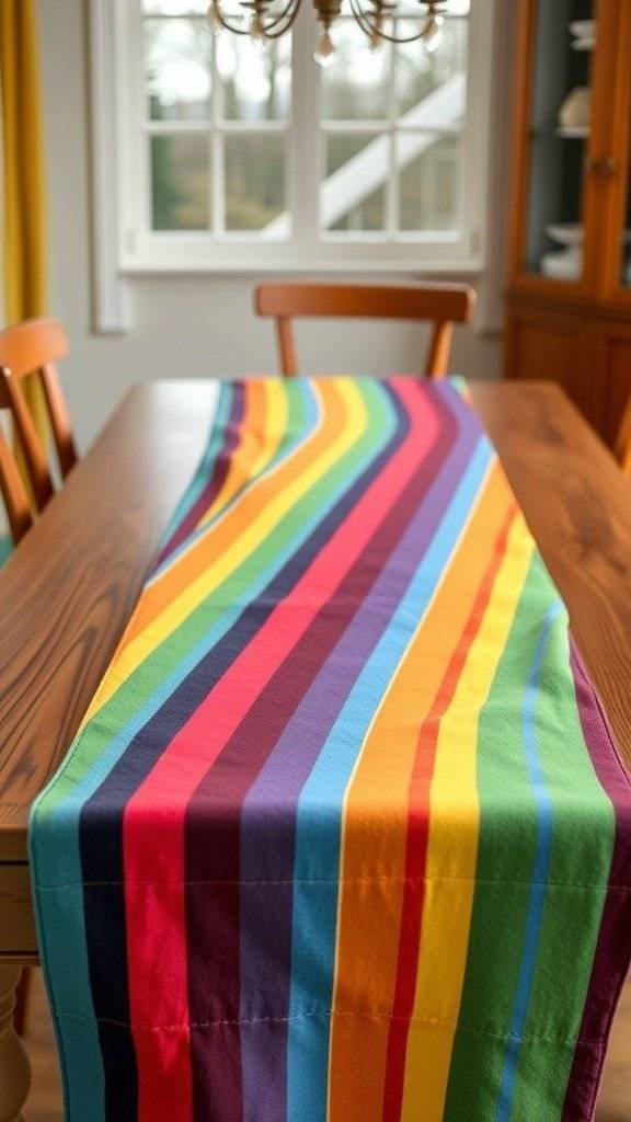 A colorful striped table runner in vibrant hues laid on a wooden dining table