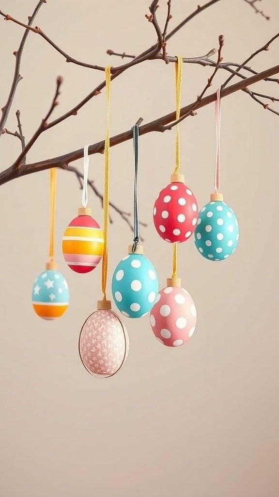 A vintage Easter egg tree with colorful eggs hanging from a branch.