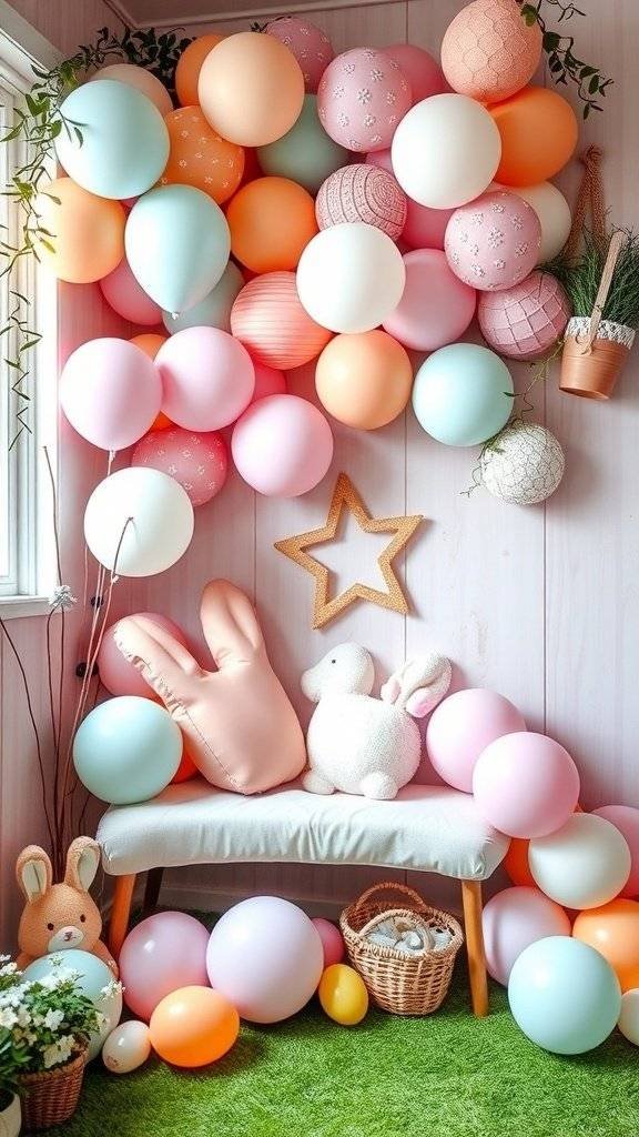 A cozy Easter corner decorated with pastel balloons, a bunny, and colorful eggs.