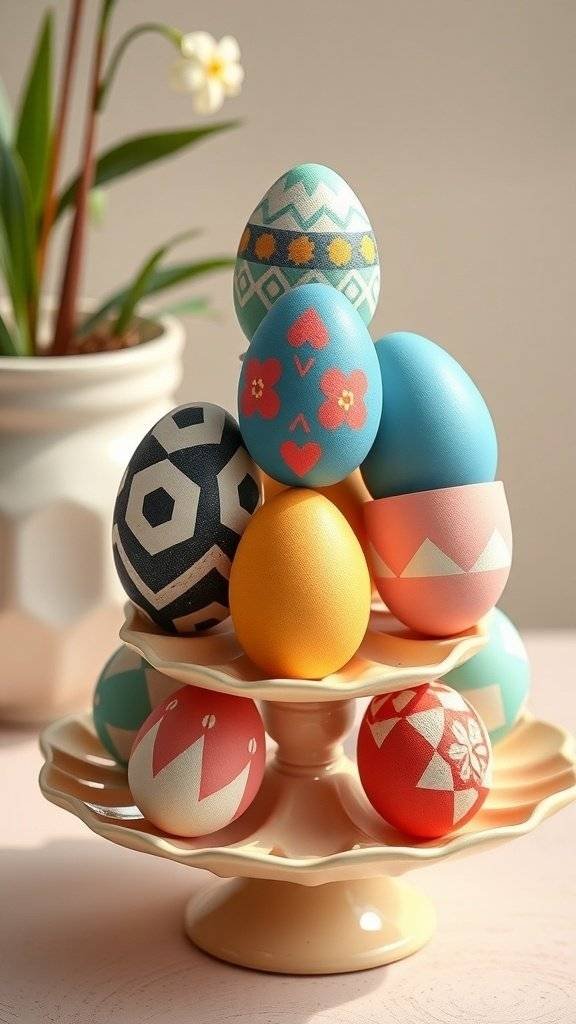 A tiered egg display stand with colorful, patterned Easter eggs