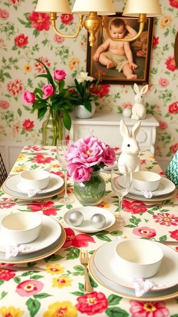 A colorful Easter table setting with floral tablecloth, white plates, a bunny figurine, and a vase of pink roses.