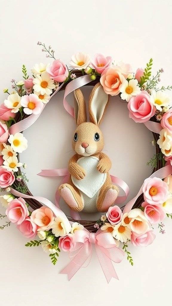 A decorative Easter wreath featuring a bunny surrounded by pink roses and daisies.