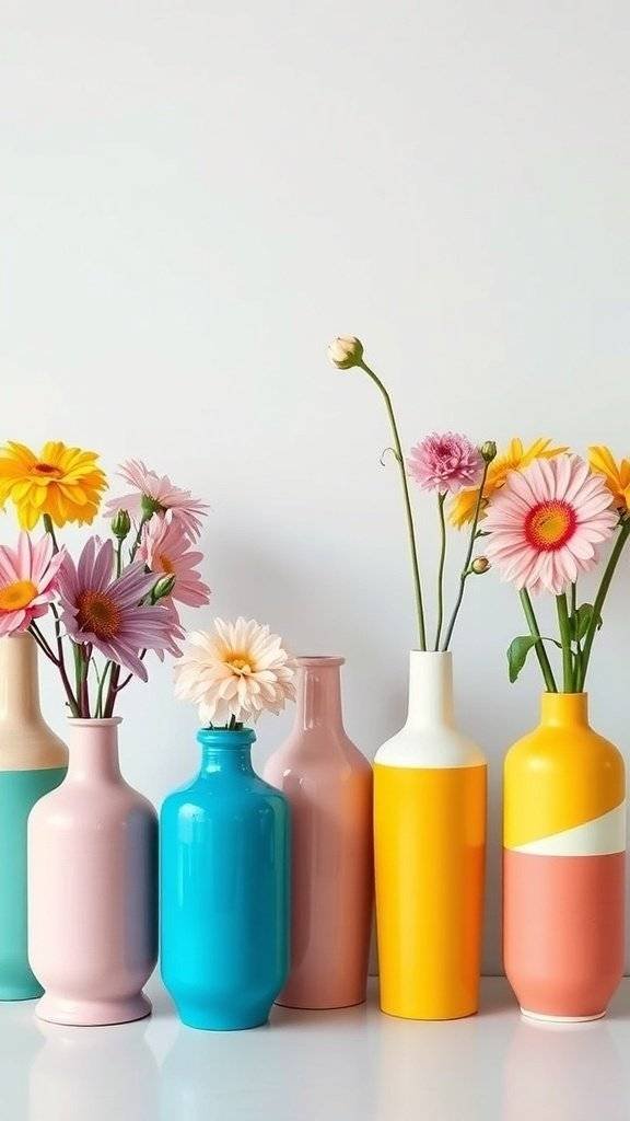 Colourful vases with flowers, inspired by 1960s design, perfect for Easter decorations.