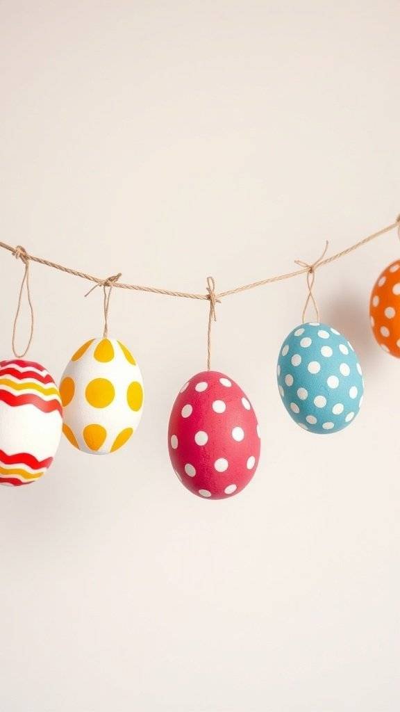 Colorful Easter egg garland with various patterns hanging on twine
