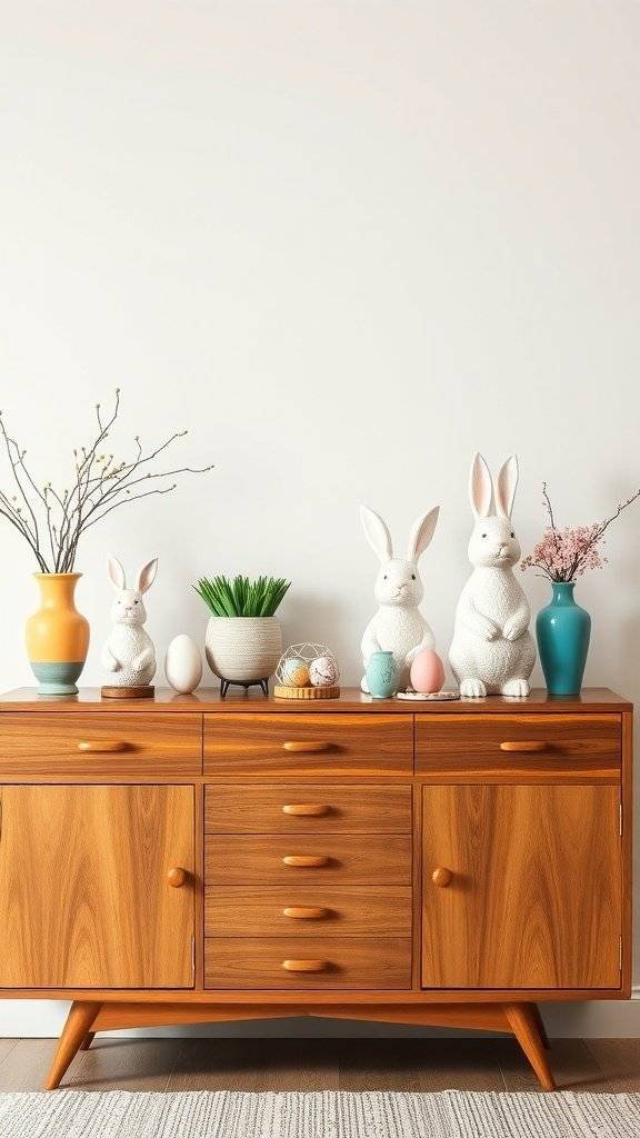 A sideboard styled with Easter decorations, featuring pastel colors, bunny figurines, and a potted plant.