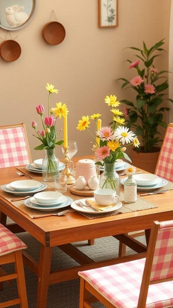 A retro picnic-style Easter table with a gingham tablecloth, colorful dishes, and a vibrant flower centerpiece.