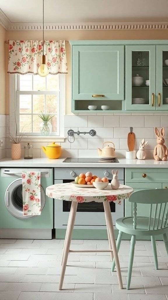 A retro kitchen decorated for Easter with mint green cabinets, floral accents, and a table with colorful eggs.