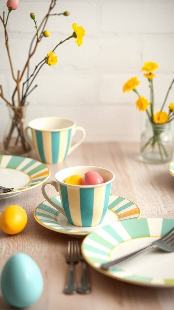 Easter tableware with bold stripes and colorful eggs