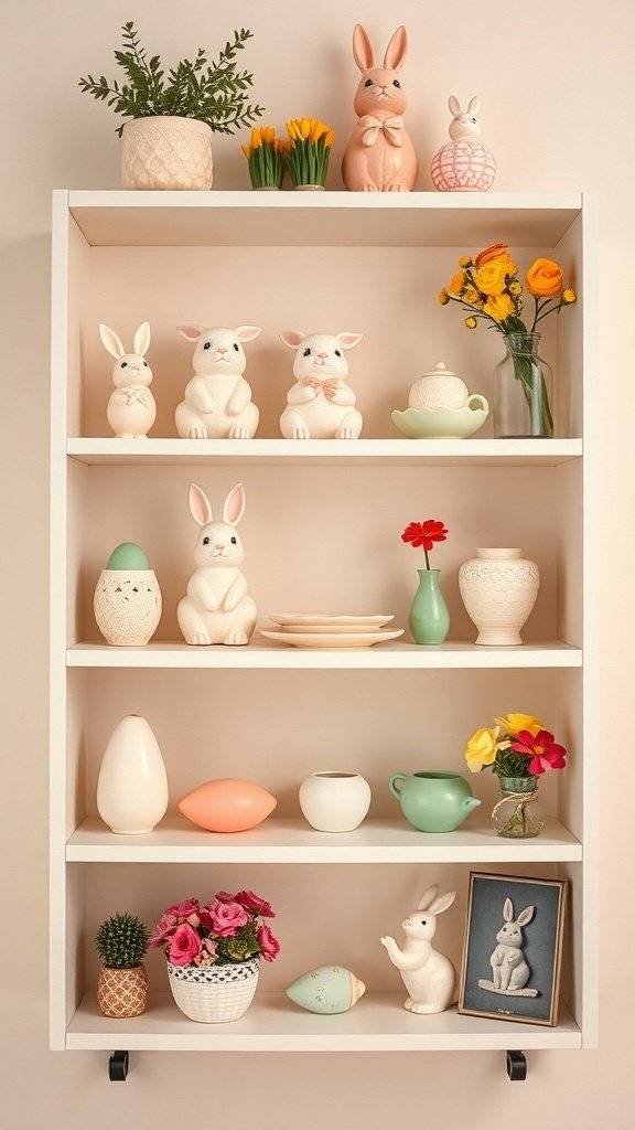 A pastel-themed shelf decorated with bunny figurines, Easter eggs, and flowers, set against a pink background.