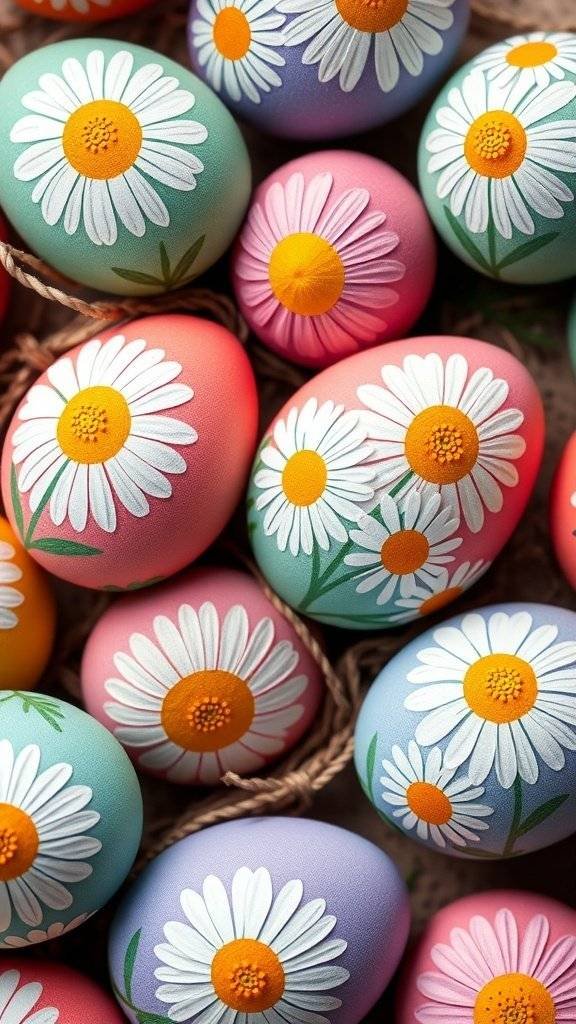 Close-up of colorful Easter eggs decorated with daisies, inspired by 1960s patterns.