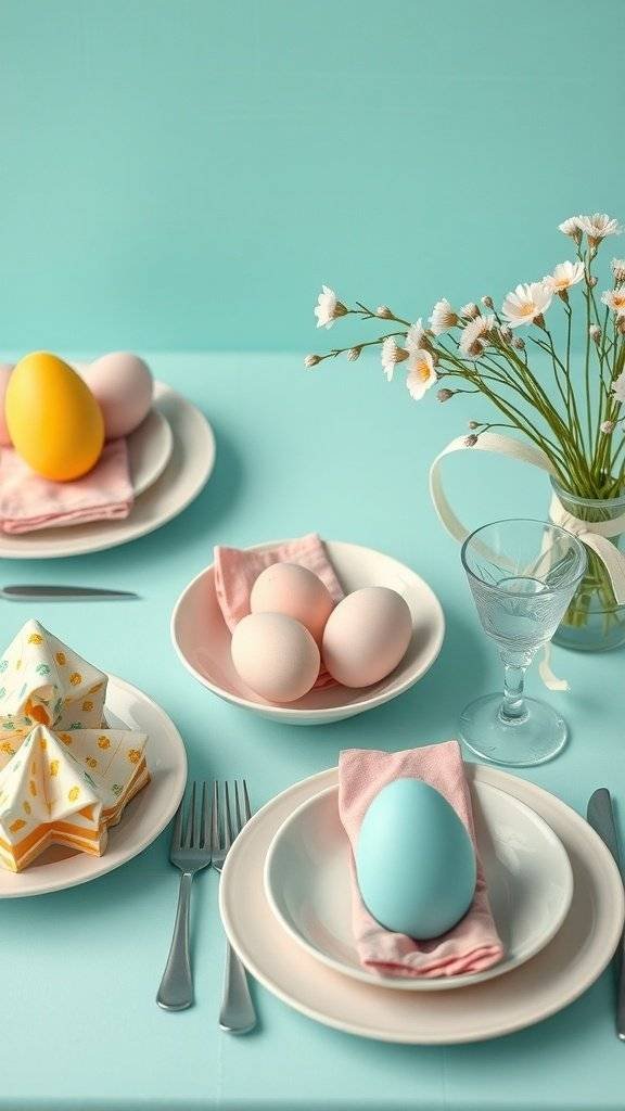 A retro-inspired Easter table setting featuring pastel-colored eggs, pink napkins, and a flower arrangement on a turquoise background.