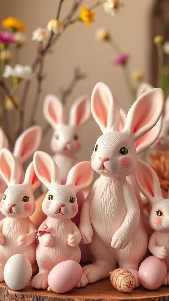 A collection of whimsical bunny figurines in pastel colors surrounded by Easter eggs and flowers.