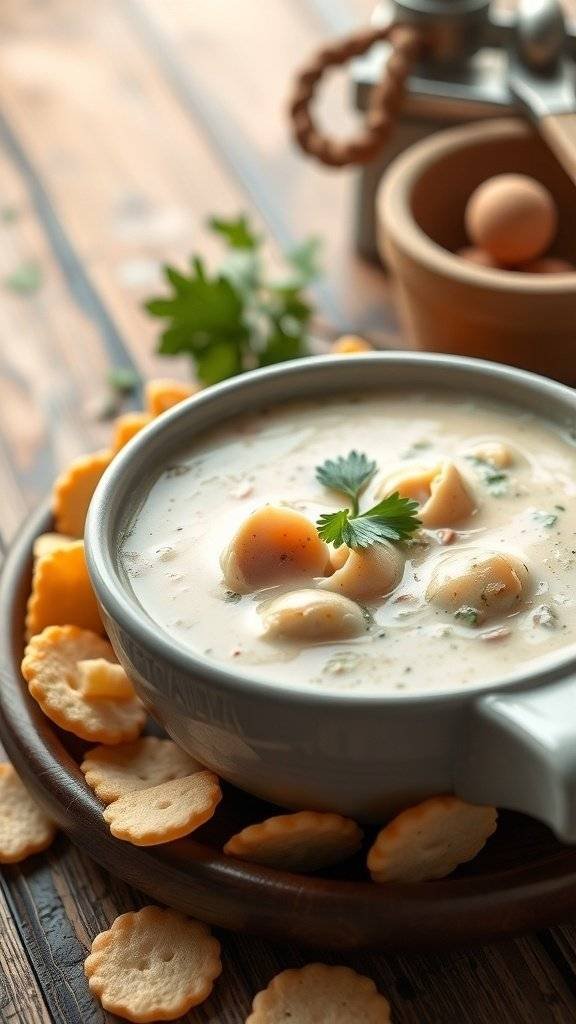 A bowl of New England clam chowder with crackers and parsley garnish
