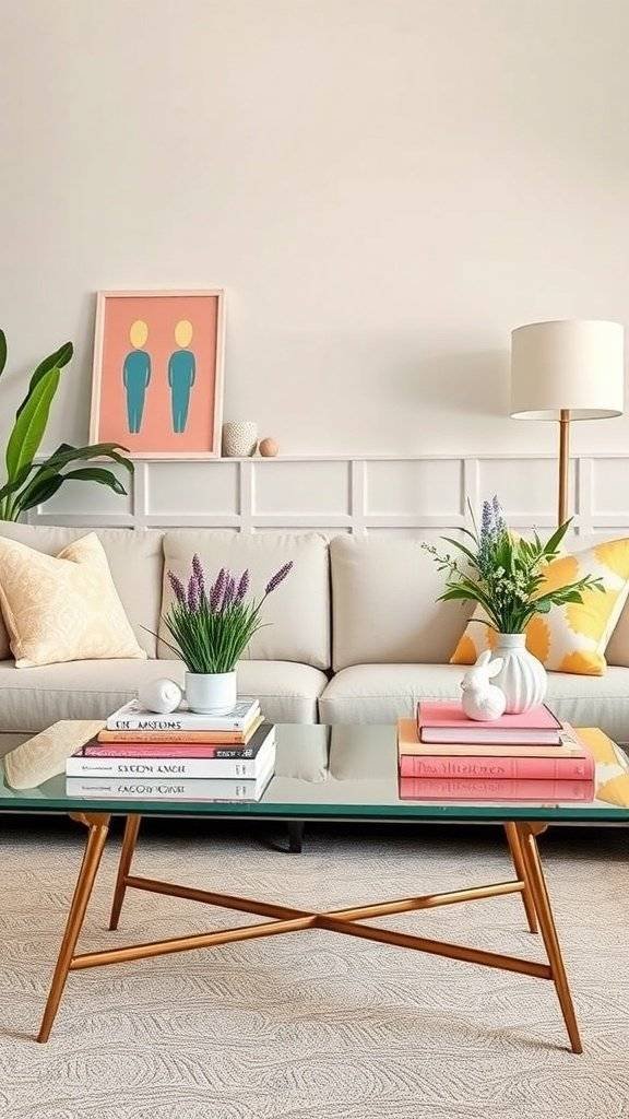 A collection of whimsical bunny figurines in pastel colors surrounded by Easter eggs and flowers.