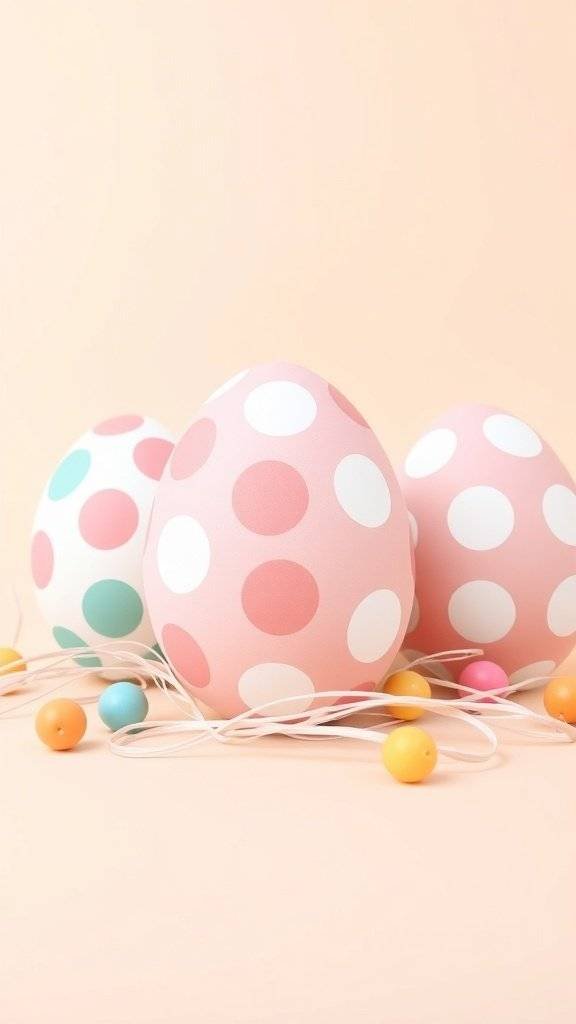 A display of pastel-colored Easter eggs with polka dots and colorful beads.