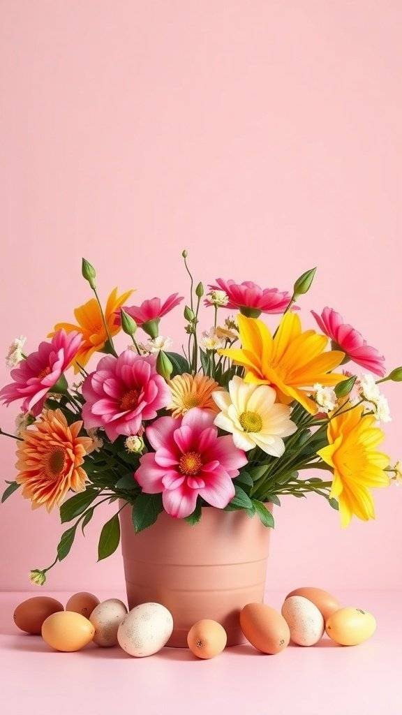 A colorful floral arrangement with pink, yellow, and orange flowers in a pot, surrounded by pastel eggs on a pink background.