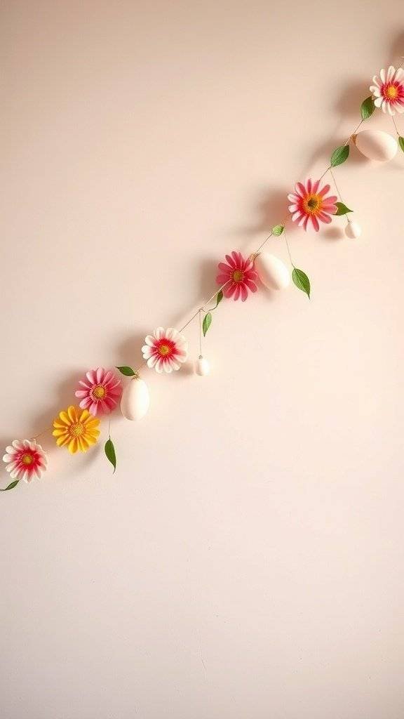 Easter garland with pink and yellow flowers and white eggs on a light background
