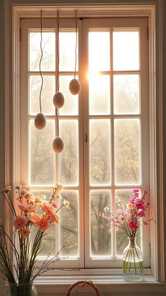 A window with pastel Easter decorations, featuring hanging eggs and fresh flowers.