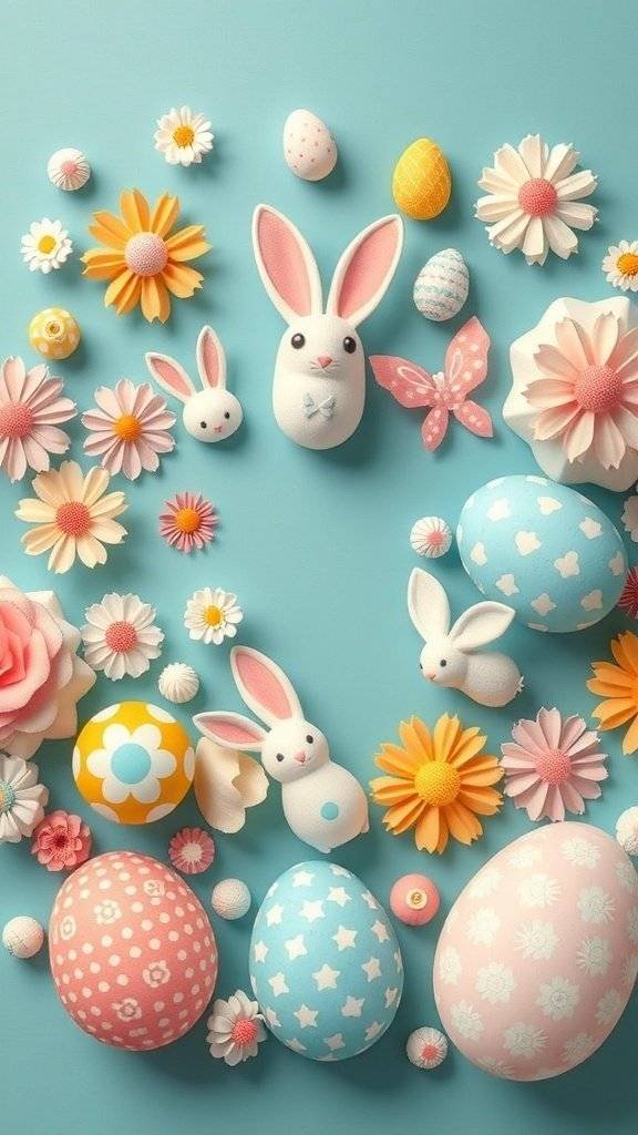 A colorful Easter table flat lay featuring bunnies, eggs, and flowers on a blue background.